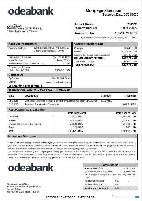 Download Turkish Odeabank bank mortgage statement in Word and PDF formats Photoshop template